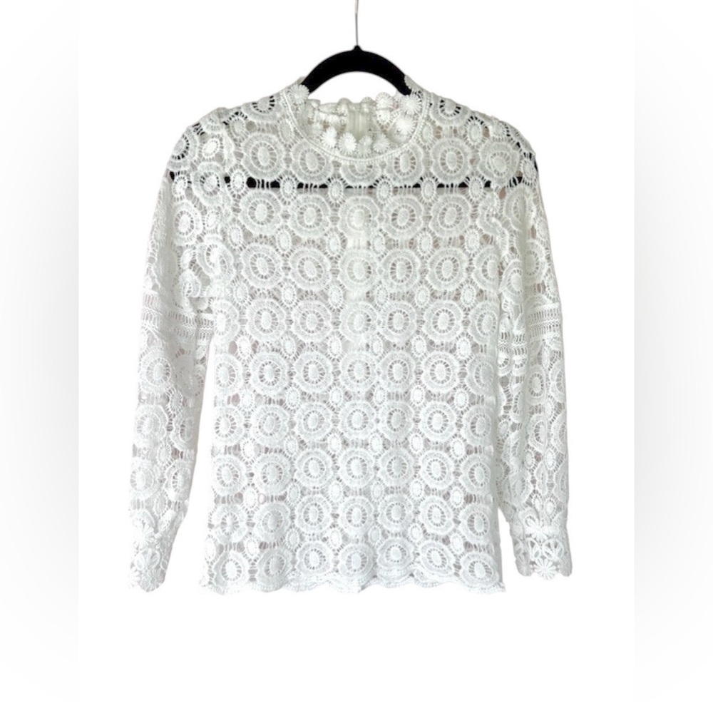 White Daisy Crochet High Neck Long Sleeve Blouse Top Shirt Size Small